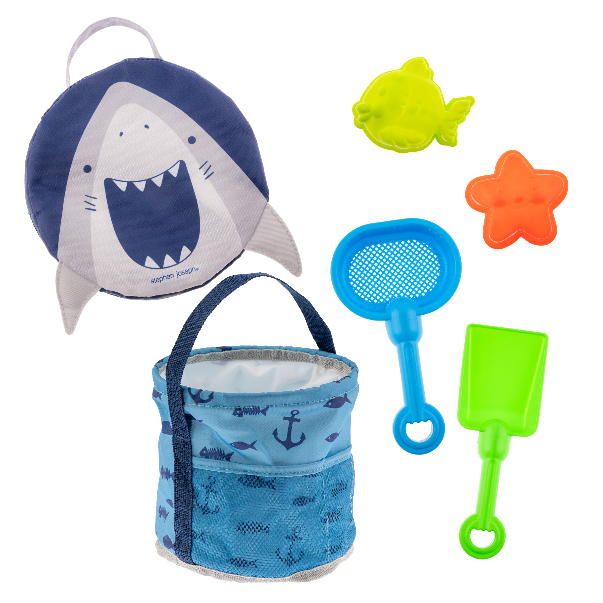 Collapsible beach bucket with toys: Shark